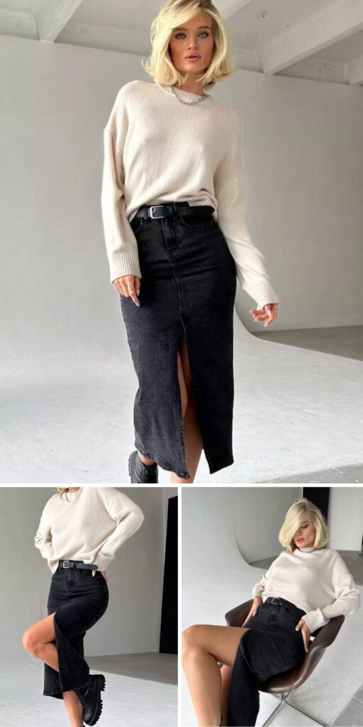 03 long denim skirt outfit ideas 1