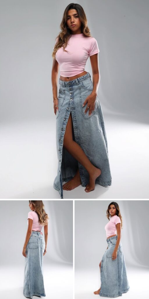 13 long denim skirt outfit ideas