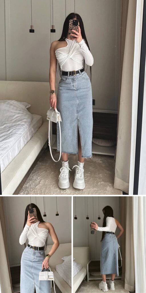 22 long denim skirt outfit ideas