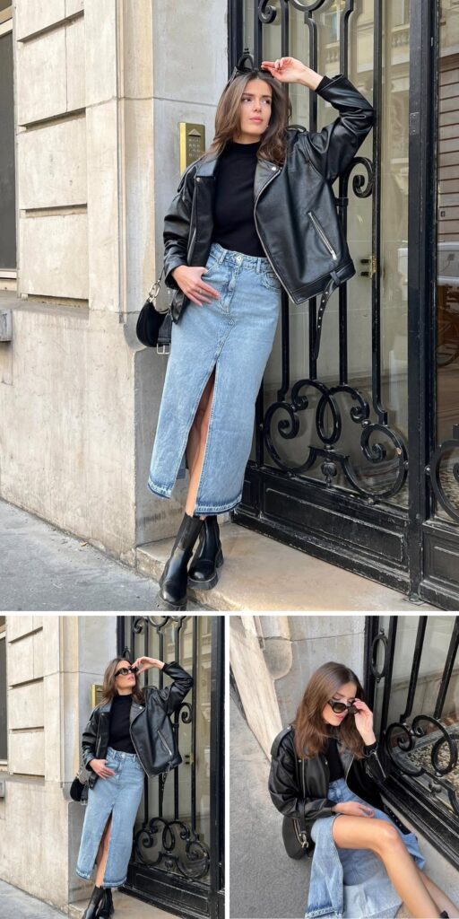 26 long denim skirt outfit ideas